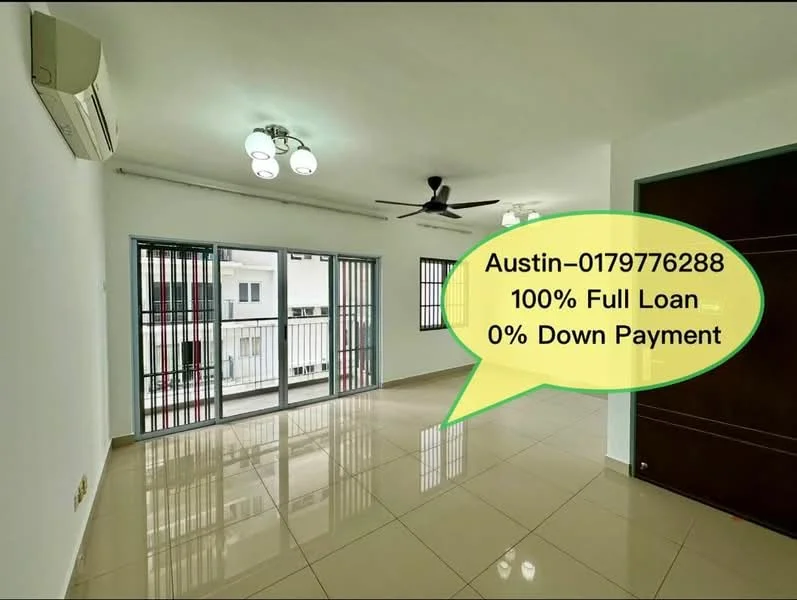 Living features: white painted walls, polished tile flooring, 5-blade ceiling fan, recessed downlights, floor-to-ceiling windows, sliding glass door, black window grills, air conditioning unit; style: modern.