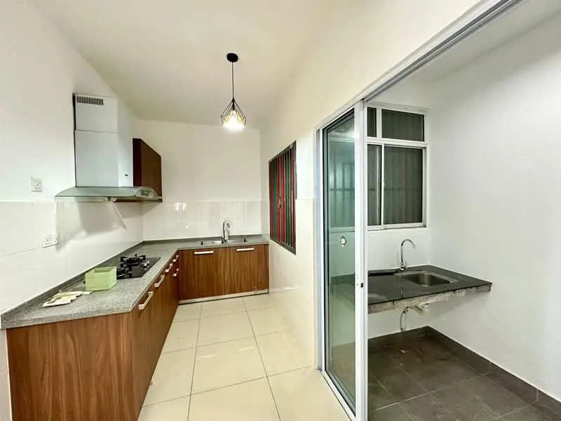 Kitchen features: L-shaped kitchen layout, brown wooden cabinetry, grey granite countertop, stainless-steel sink, chrome pull-down faucet, 4-burner gas hob, built-in stainless-steel range hood, white tiled backsplash, white walls, cream tiled flooring, pendant light, window with metal grille, sliding glass door to utility area; style: modern. Utility features: concrete sink, grey tiled flooring, window with metal grille, white walls.