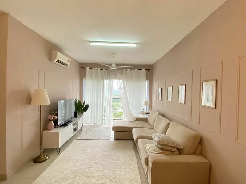 Living features: beige L-shape sectional sofa, white area rug, wall-mounted TV, TV console in white, 5-blade ceiling fan with light, wall-mounted air conditioning unit, floor-to-ceiling windows with sheer curtains, decorative framed artwork on walls, potted plant, light-colored walls with paneling; style: modern; view: city.