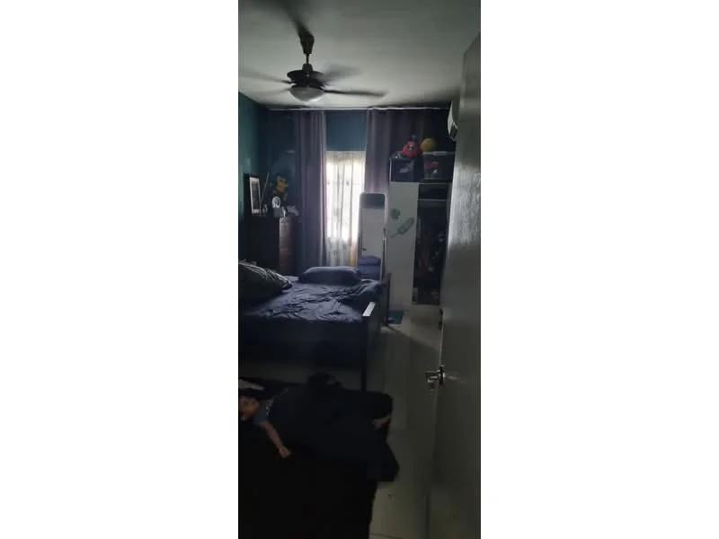 Bedroom features: queen-size bed with dark bedding, 5-blade ceiling fan, floor-to-ceiling window with sheer curtains, dark green painted walls, wooden flooring, built-in wardrobe, decorative items on shelves, framed artwork on walls; style: modern.