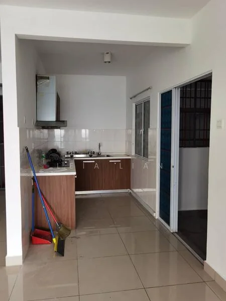 Kitchen features: brown wooden cabinetry, white tiled backsplash, stainless-steel gas hob, built-in oven, single-bowl stainless-steel sink, chrome pull-down faucet, grey ceramic tile flooring, recessed downlights, sliding glass door, window with grid pattern; style: modern.