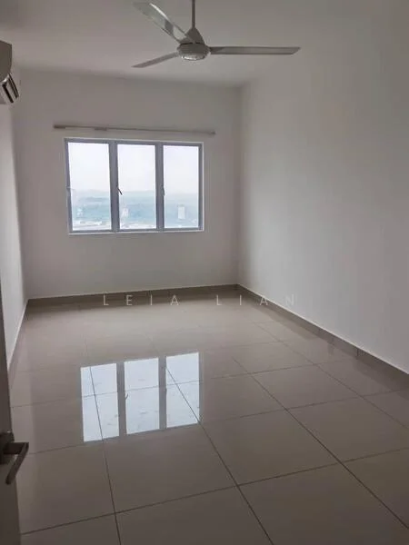 Room features: white painted walls, glossy ceramic tile flooring, floor-to-ceiling windows, ceiling fan, 1 wall-mounted split AC, neutral color scheme, unfurnished space, city view; style: modern; view: city.