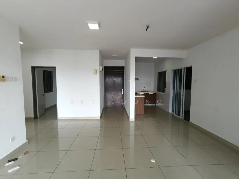 Living features: white painted walls, glossy ceramic tile flooring, recessed downlights, single-panel door, large windows with no treatments, open layout, neutral color scheme, kitchen area visible in background; style: modern.