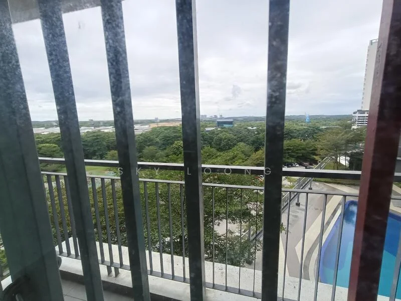 Room features: glass sliding door, metal railing, concrete flooring, view of greenery, view of swimming pool, outdoor space, overcast sky; view: garden.
