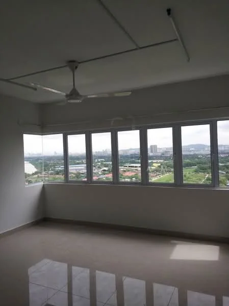 Room features: white painted walls, polished ceramic tile flooring, 5-blade ceiling fan, floor-to-ceiling windows, city view, natural light from windows, corner room layout, multiple window openings; style: modern; view: city.