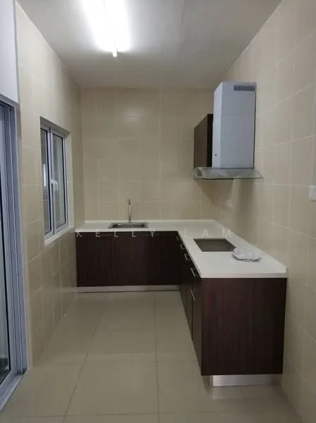Kitchen features: white quartz countertop, dark wood cabinetry, single-bowl stainless-steel sink, chrome pull-down faucet, built-in oven, stainless-steel range hood, ceramic tile flooring, cream tiled walls, window with sliding glass, recessed ceiling lights; style: modern.