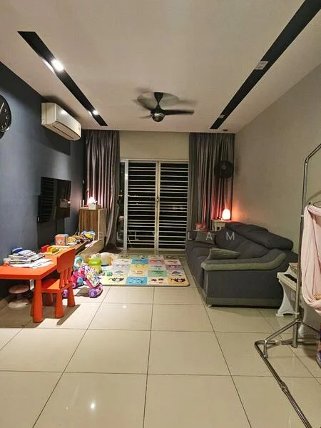 Living features: grey fabric sofa, 3-seater sofa, coffee table, wall-mounted TV, floor-to-ceiling windows, sliding glass door, sheer curtains, 5-blade ceiling fan with light, cream tiled flooring, decorative wall clock, children's play area with colorful mat, red children's table with chairs, toys scattered on the floor; style: modern.