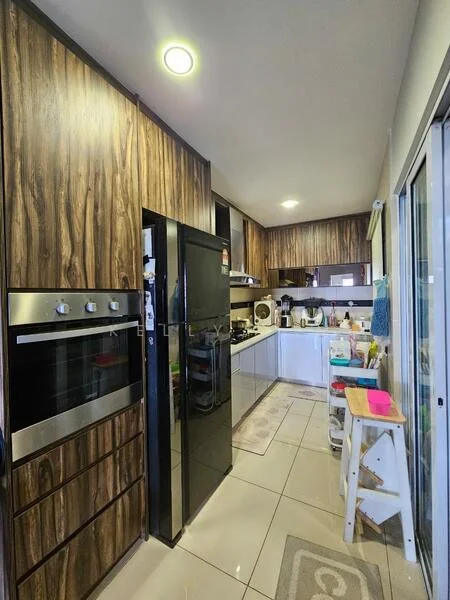 Kitchen features: black stainless-steel fridge, built-in oven, wood cabinetry with dark wood finish, white countertops, ceramic tile flooring, recessed downlights, kitchen sink, microwave, dishwasher, open shelving, kitchen utensils on countertop, area rug, sliding glass door, window with natural light; style: modern.