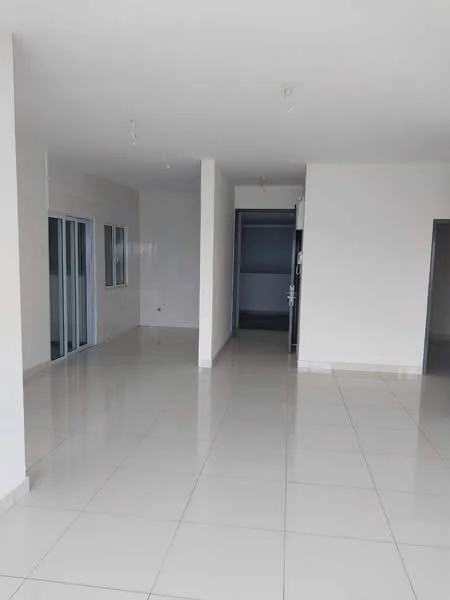 Room features: white painted walls, glossy ceramic tile flooring, recessed downlights, large windows, open layout, neutral color scheme, no visible furniture, high ceiling; style: modern.