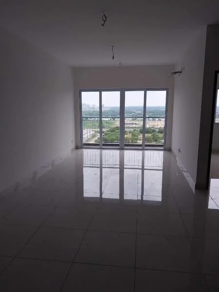 Living features: white painted walls, glossy ceramic tile flooring, floor-to-ceiling windows, city view, recessed downlights, neutral color scheme, open layout, no visible furniture; style: modern; view: city.