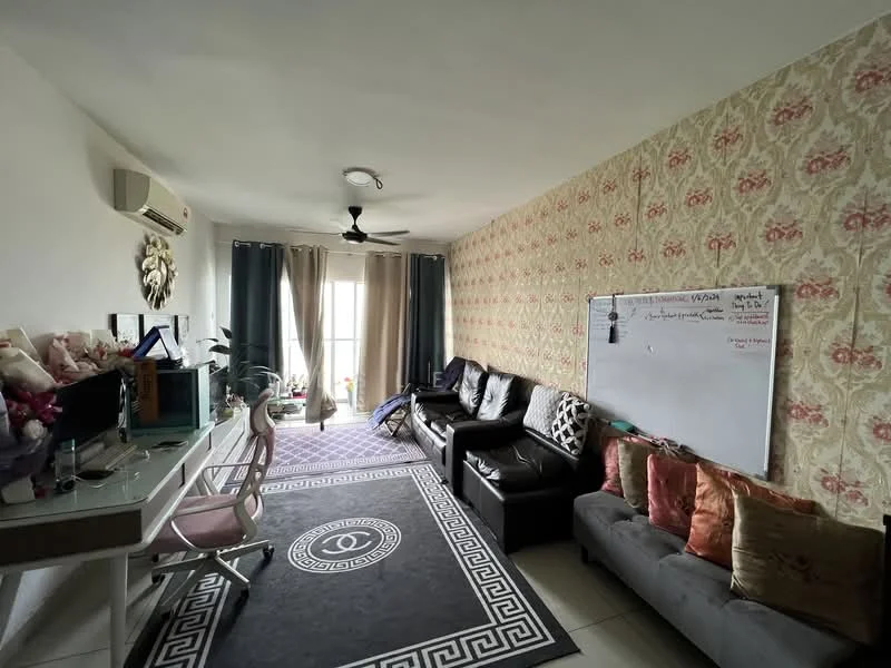 Living features: cream wallpaper with floral pattern, grey fabric sofa, black leather sofa, whiteboard on wall, 5-blade ceiling fan, wall-mounted air conditioning unit, large window with sheer curtains, area rug with geometric pattern, study desk with chair, decorative cushions; style: modern.