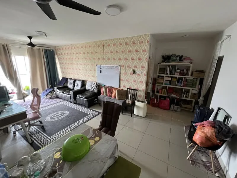Living features: black leather sofa, 3-seater sofa, area rug with geometric pattern, coffee table, wall-mounted TV, decorative wall with floral wallpaper, ceiling fan, large windows with sheer curtains, tile flooring, bookshelf with various items, dining table with chairs, whiteboard on wall; style: modern.