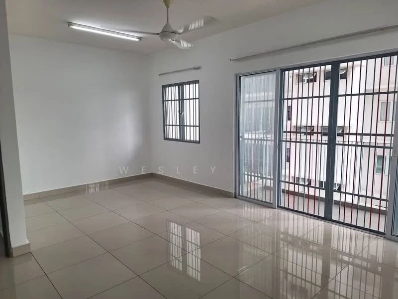 Living features: white painted walls, glossy ceramic tile flooring, 5-blade ceiling fan, floor-to-ceiling windows, sliding glass door, window with metal grills, natural light from windows, neutral color scheme; style: modern.