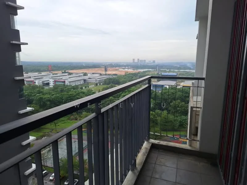 Room features: balcony, metal railing, tile flooring, city view, outdoor space; view: city.