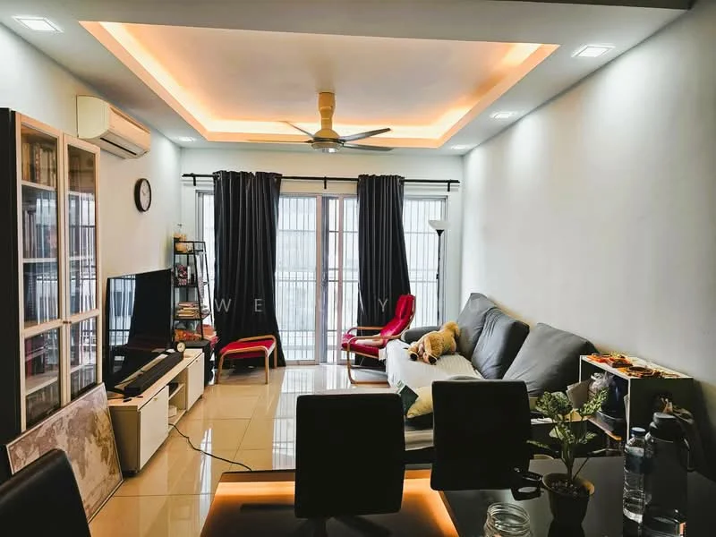 Living features: grey fabric sofa, red accent chair, coffee table, TV console, wall-mounted TV, 5-blade ceiling fan with light, recessed downlights, cream painted walls, glossy tile flooring, floor-to-ceiling windows with sheer curtains, decorative wall clock, open shelving unit, area rug; style: modern; view: city.