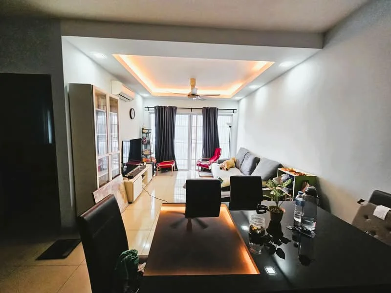 Living features: grey L-shape sectional sofa, red accent chair, black glass coffee table, TV console, wall-mounted TV, floor-to-ceiling windows with sheer curtains, recessed downlights, tray ceiling with LED lighting, cream tiled flooring, decorative wall clock, open shelving unit, area rug; style: modern.