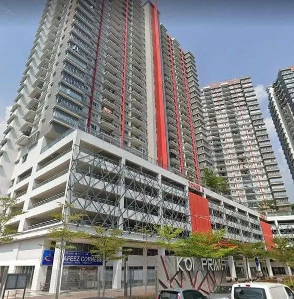 Exterior type: high-rise condominium; features: glass curtain wall, red accent facade, multiple balconies, parking deck, manicured landscaping, surrounded by mature greenery; style: modern.