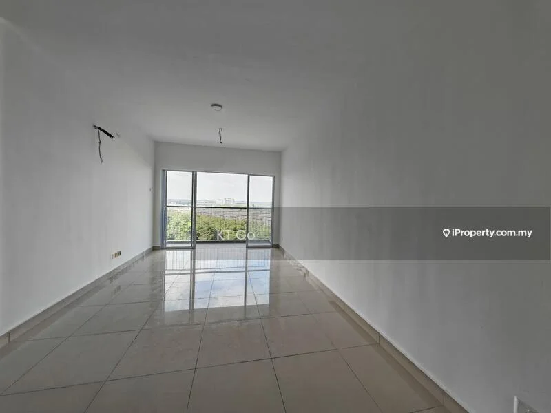 Room features: white painted walls, glossy ceramic tile flooring, floor-to-ceiling windows, sliding glass door, natural light, neutral color scheme, no visible furniture, open layout; style: modern; view: city.