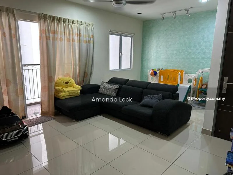 Living features: L-shape sectional sofa in dark grey, yellow plush toy, white walls, green accent wall with textured finish, floor-to-ceiling windows, sheer curtains, glossy tile flooring, ceiling fan with light, children's play area with colorful toys, decorative wall art, area rug; style: modern.