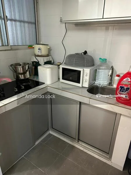 Kitchen features: white tiled walls, grey laminate countertops, stainless-steel sink, built-in cabinets with sliding doors, electric stove, microwave, blender, water dispenser, mixing bowl, detergent bottle; style: modern.