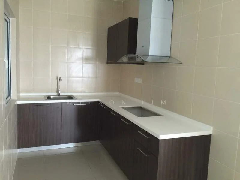 Kitchen features: single-bowl stainless-steel sink, chrome pull-down faucet, white solid surface countertop, dark wood cabinetry, built-in oven, stainless-steel range hood, ceramic tile flooring, cream tiled walls, window with view, under-cabinet lighting; style: modern.