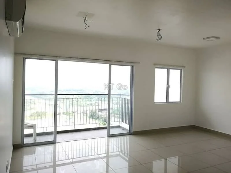 Living features: white painted walls, glossy ceramic tile flooring, floor-to-ceiling sliding glass door, casement window, 1 wall-mounted split AC, recessed downlights, neutral ceiling, balcony view; style: modern; view: city.