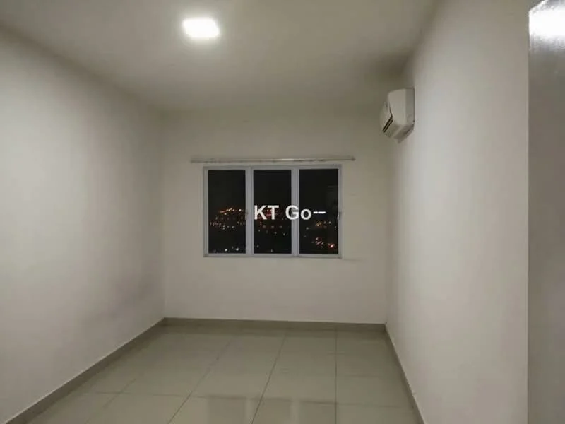 Room features: white painted walls, tile flooring, single window, wall-mounted split AC, ceiling light; view: city.