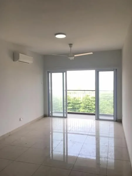 Living features: white painted walls, polished marble flooring, 5-blade ceiling fan with light, wall-mounted split AC, floor-to-ceiling sliding glass doors, balcony view, recessed lighting; style: modern; view: garden.
