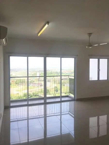Living features: floor-to-ceiling windows, sliding glass door, white painted walls, polished ceramic tile flooring, ceiling fan, LED ceiling light, balcony access, view of greenery; style: modern; view: garden.