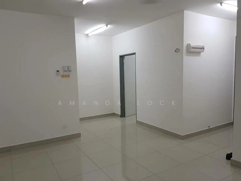 Room features: white painted walls, glossy tile flooring, recessed ceiling lights, 1 wall-mounted split AC, grey door, neutral color scheme; style: modern.