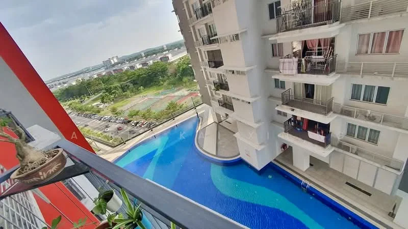 Room features: balcony with railing, potted plants, view of swimming pool, view of landscaped area, view of parking lot, view of tennis courts, multiple floors of building visible, glass sliding doors; style: modern; view: pool.