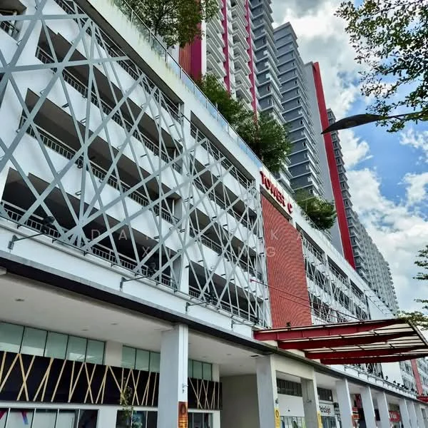 Exterior type: mid-rise condominium; features: exposed concrete facade, red brick facade, glass curtain wall, recessed balconies, manicured landscaping, multi-storey car park, covered walkway, feature lighting, surrounded by mature greenery; style: modern.