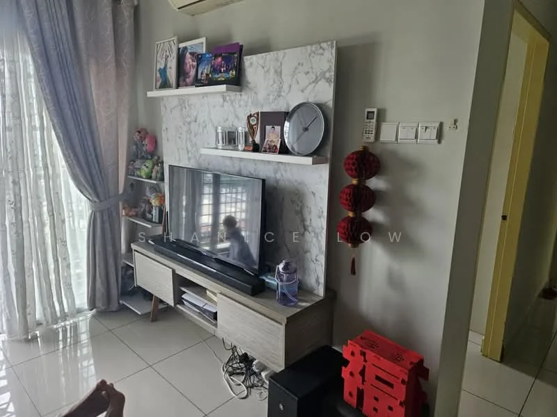 Living features: grey marble feature wall, light grey wall paint, white ceiling, floor-to-ceiling windows with sheer curtains, white TV console, wall-mounted TV, decorative wall clock, shelves with decorative items, red decorative lanterns, ceramic figurines, laminate flooring, air conditioning unit; style: modern.