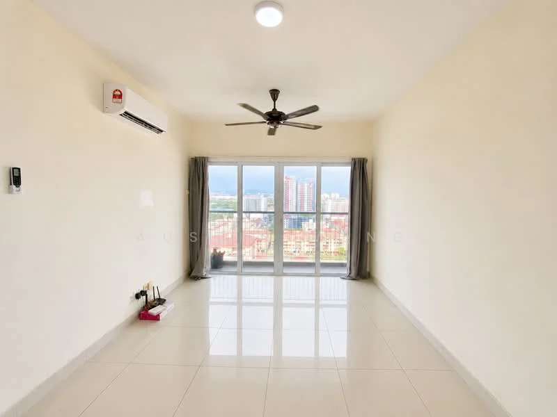 Living features: white painted walls, glossy ceramic tile flooring, 5-blade ceiling fan with light, floor-to-ceiling windows, sliding glass door, grey curtains, wall-mounted split AC, city skyline view; style: modern; view: city.