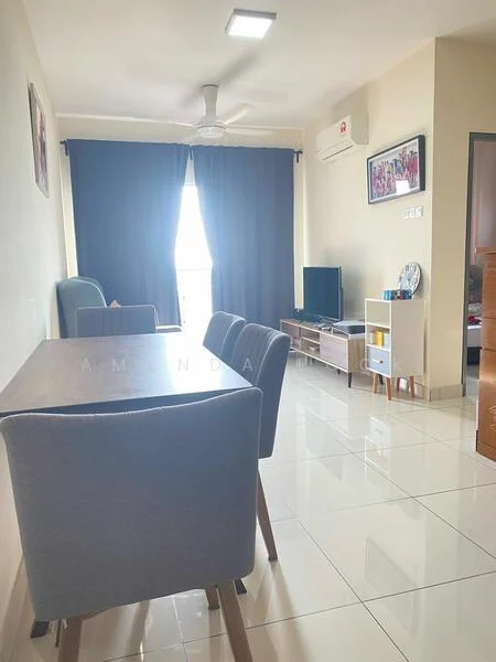 Living features: grey fabric sofa, 4-seater dining table, grey upholstered dining chairs, wall-mounted TV, TV console, ceiling fan, large window with sheer curtains, white walls, glossy tile flooring, air conditioning unit; style: modern; view: city.