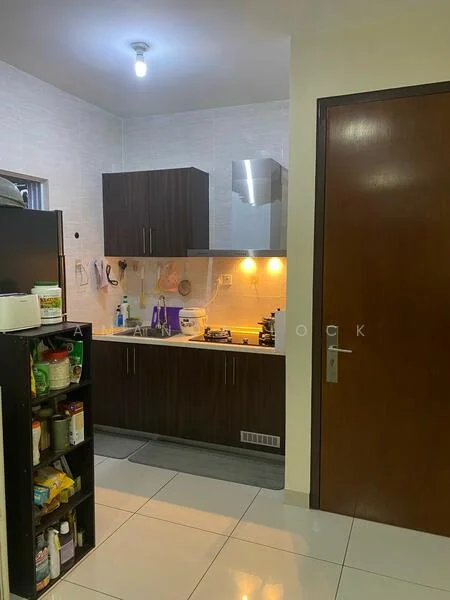 Kitchen features: dark wood cabinetry, white countertop, stainless-steel range hood, built-in stove, single-bowl stainless-steel sink, chrome pull-down faucet, tile backsplash, recessed lighting, white ceramic tile flooring, open shelving, kitchen utensils hanging, microwave, fridge, wall-mounted cabinet; style: modern.