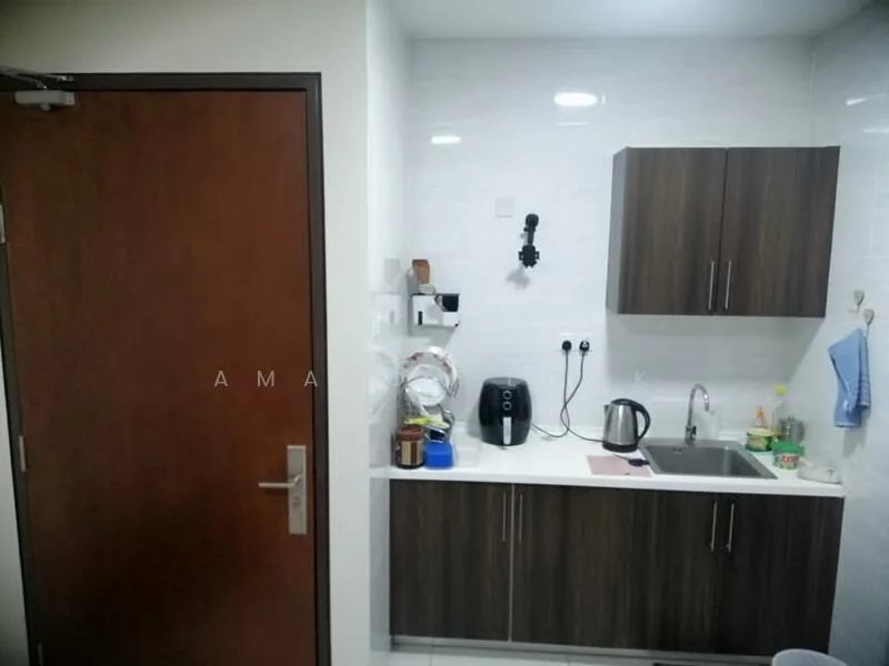 Kitchen features: dark wood cabinetry, white countertop, single-bowl stainless-steel sink, chrome pull-down faucet, built-in kettle, toaster, black coffee machine, wall-mounted shelf, white tiled backsplash, recessed ceiling lights, tile flooring; style: modern.
