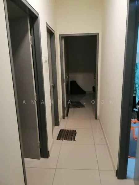 Hallway features: white painted walls, grey doors, tile flooring, door mats, recessed lighting, neutral color scheme, narrow layout, two doorways visible; style: modern.