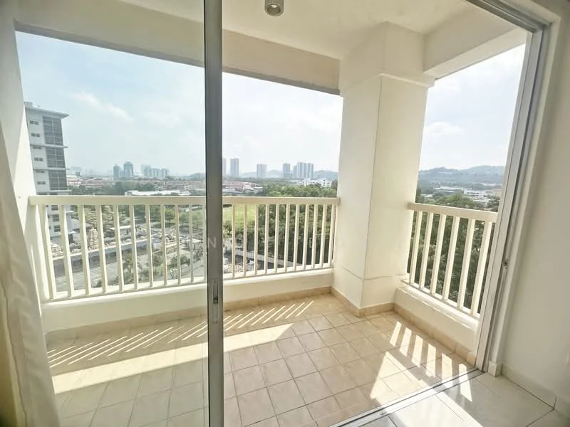 Balcony features: tiled flooring, glass sliding door, railing with vertical bars, city view, sunlight exposure, open space, white walls, overhead light fixture; style: modern; view: city.