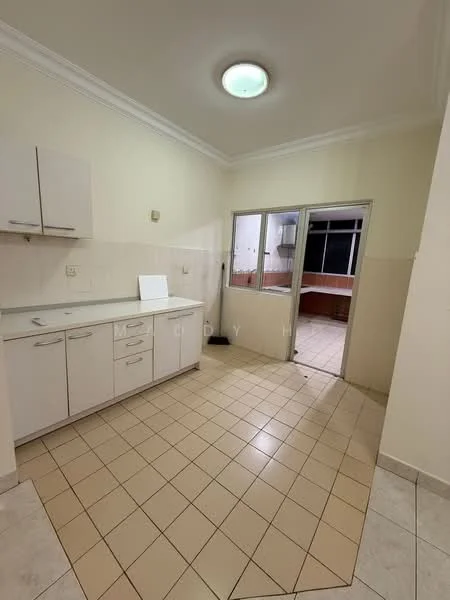 Kitchen features: white cabinetry, single-bowl stainless-steel sink, chrome pull-down faucet, ceramic tile flooring, white tiled backsplash, window with view to outdoor area, light fixture on ceiling, countertop space, built-in oven, stove with hood, door leading to outdoor area.