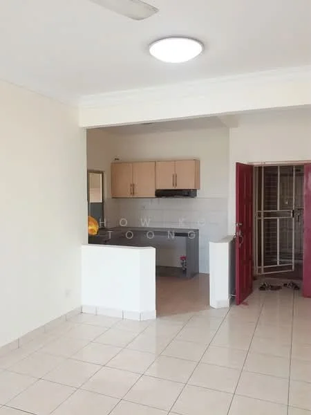 Living features: cream painted walls, tile flooring, recessed ceiling light, open kitchen layout, kitchen cabinetry in light wood, stainless-steel range hood, kitchen countertop, floor-to-ceiling window, red door, visible kitchen area; style: modern.