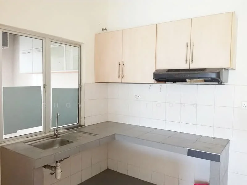 Kitchen features: single-bowl stainless-steel sink, chrome pull-down faucet, grey laminate countertop, white upper cabinets, white tiled backsplash, grey tiled flooring, built-in range hood, window with sliding glass, wall-mounted cabinets; style: modern.