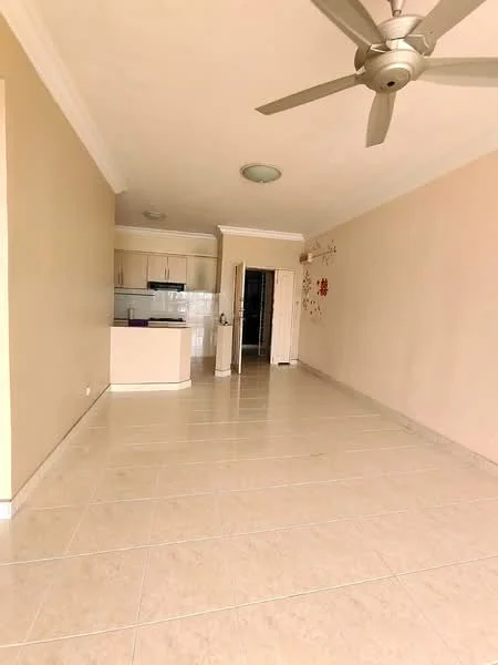 Living features: cream painted walls, tile flooring, 5-blade ceiling fan, recessed downlights, open layout, kitchen island, doorway to kitchen, decorative wall art; style: modern.