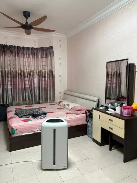Bedroom features: queen-size bed with pink and green bedding, upholstered headboard, wooden bedside table, full-length mirror, ceiling fan, curtains with floral pattern, tile flooring, air purifier, dressing table with storage, decorative items on dressing table.