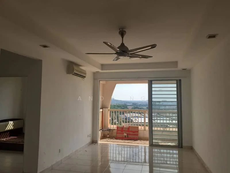 Living features: white painted walls, marble tile flooring, tray ceiling, 5-blade ceiling fan with light, floor-to-ceiling sliding glass door, balcony access, air conditioning unit, city view; style: modern; view: city.