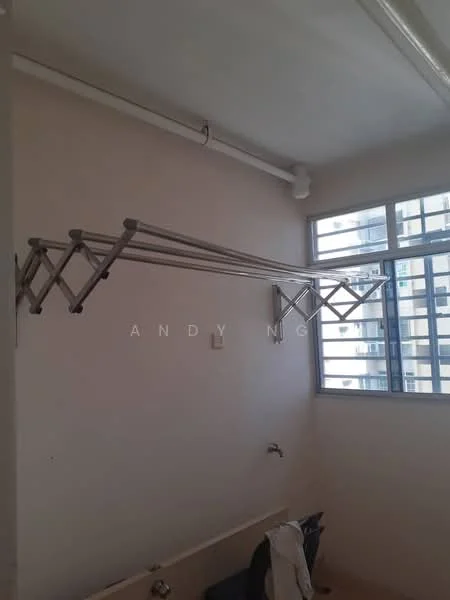 Laundry features: folding drying rack, white painted walls, window with metal frame, sink, tile flooring.