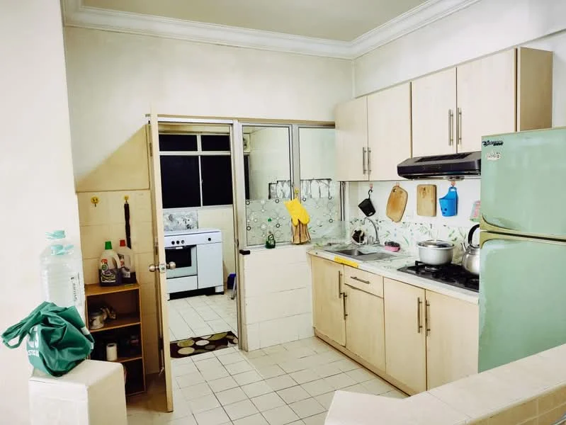 Kitchen features: light wood cabinetry, white tiled backsplash with floral pattern, stainless-steel sink, chrome pull-down faucet, built-in gas stove, exhaust hood, green refrigerator, ceramic tile flooring, window with sliding glass, countertop with space for appliances, open shelving, kitchen utensils hanging, water bottle on counter.