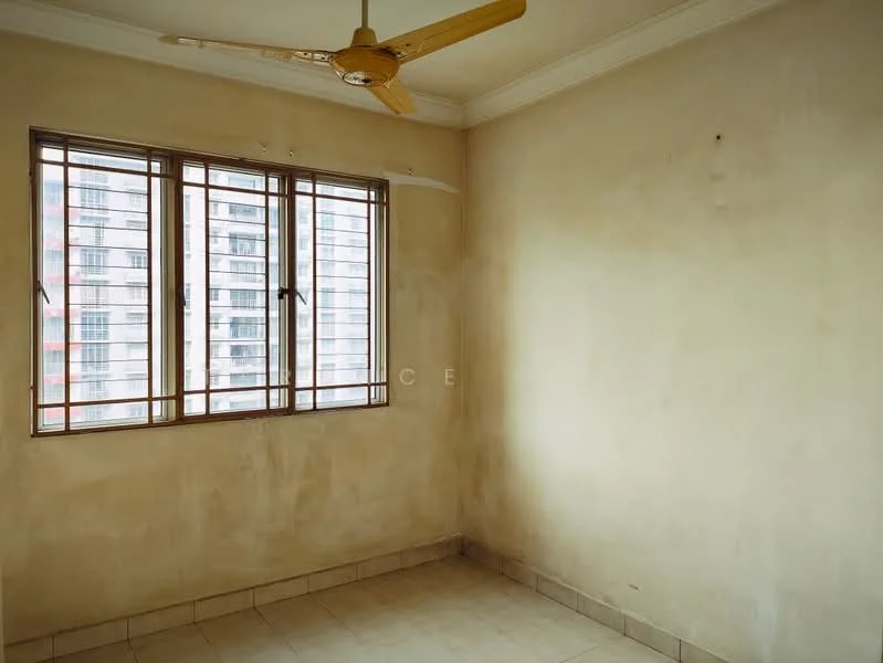 Room features: plain beige walls, window with metal grille, floor-to-ceiling windows, tiled flooring, ceiling fan with wooden blades, no visible furniture, natural light from window, neutral color scheme; style: minimalist; view: city.