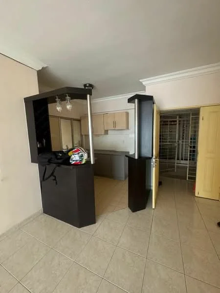 Room features: cream painted walls, tile flooring, kitchen cabinetry in light wood, grey countertop, open kitchen layout, bar counter with pendant lights, built-in shelving, yellow doors, recessed lighting; style: modern.