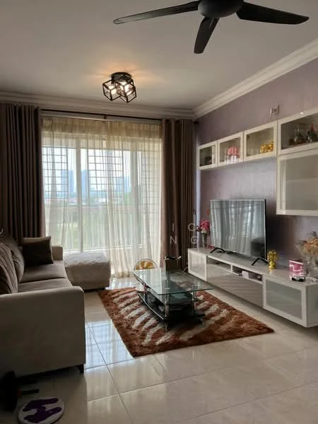 Living features: 3-seater fabric sofa in beige, glass coffee table, TV console with storage, wall-mounted TV, area rug with geometric pattern, floor-to-ceiling windows, sheer curtains, dark brown accent wall, recessed downlights, ceiling fan with light, decorative items on shelves; style: modern; view: city.